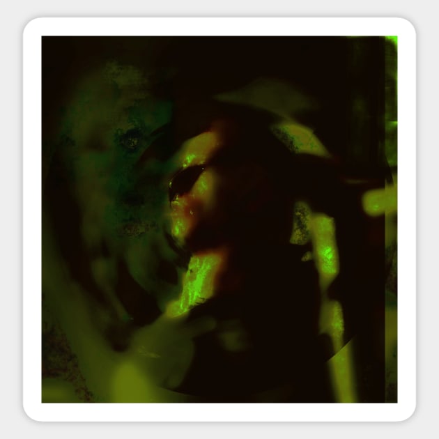Portrait, digital collage and special processing. Man looking somewhere. He's strong. Green and red. Sticker by 234TeeUser234